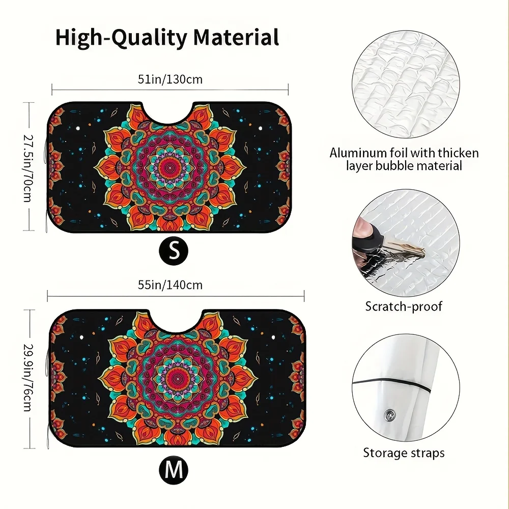 1pc, Psychedelic Mandala Orange Teal Pattern Car Sunshade For Front Windshield, Universal Fit With Material, Designed To Match I