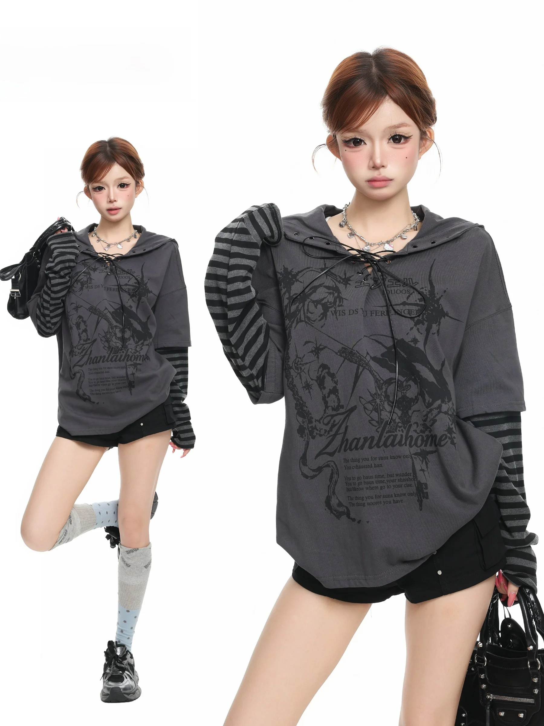 Basterds Y2K Trendy Girl Long Sleeve Hoodie T-Shirt Women's Autumn Spicy Girl Belted Fake Two-Piece Top Creative Pattern Stre...