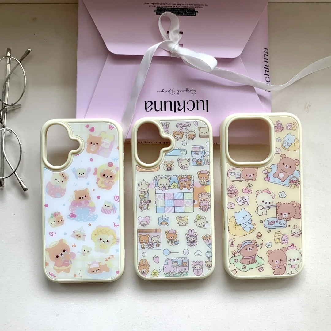 

INS Korean Cute Cartoon Bear Phone Case for iPhone 16 15 14 13 12 Pro Max Plus X XR Luxury Glass Hard Anti Fall Coque ﻿﻿﻿