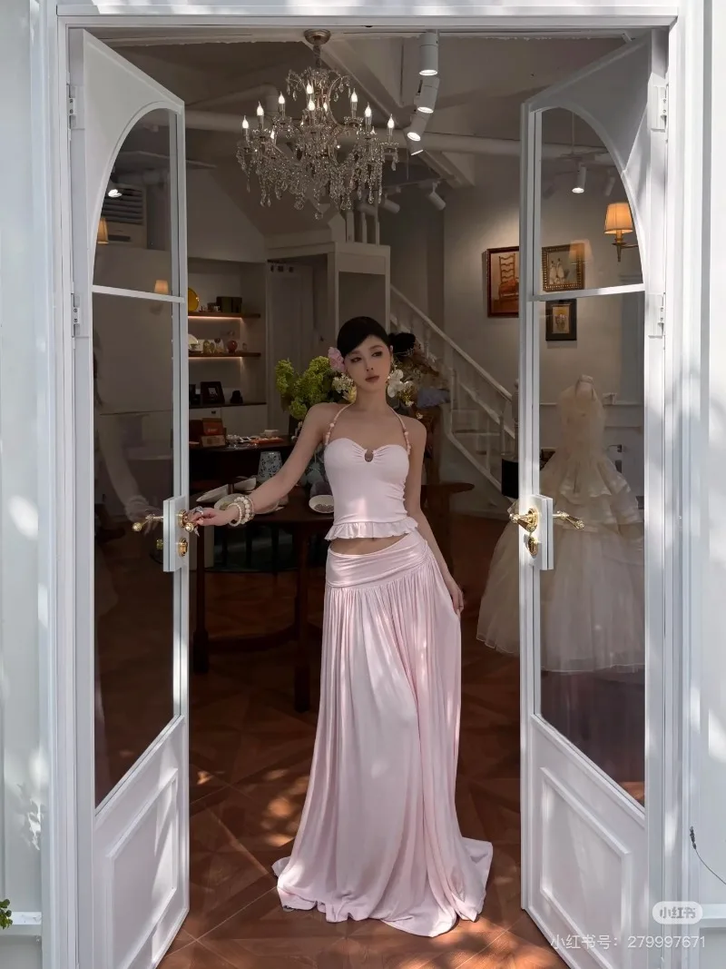 

Gothiscyn Hot Girl Sexy Set Women's Summer Vacation Style Halter Neck Strap Top High Waist A-line Long Skirt Two-piece Set