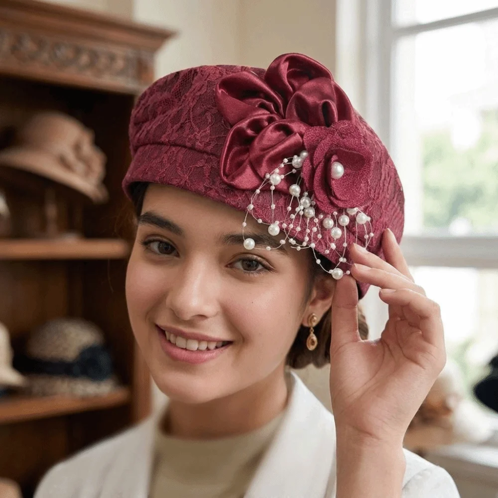 Vintage Soft Breathable Lace Beret Hat Stretch Fit Polyester Floral Decor Hat Pearl Tassel Comfortable Tea Party Cap Daily Wear