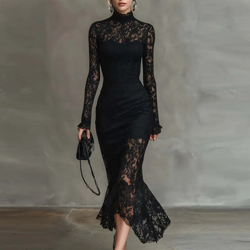 

Women's Luxury Elegant Banquet Long Sleeve Lace Dress 2026 New Spring Autumn High Waist Slim Fit Hip Hugging Maxi Gown
