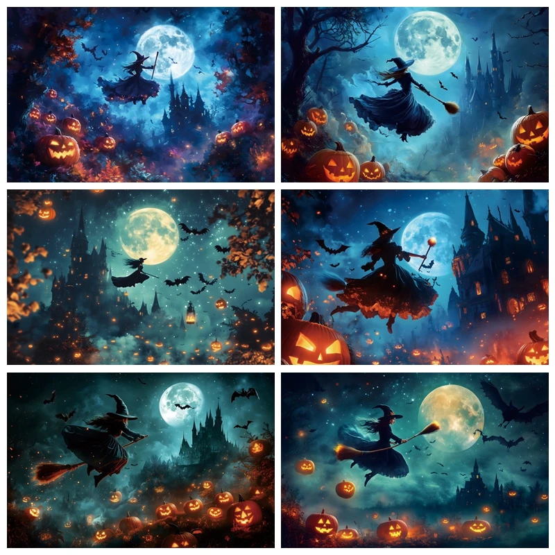 

Halloween Full Moon Night Witch Backdrops Photography Scary Forest Pumpkin Lanterns Baby Photo Photographic Background Studio