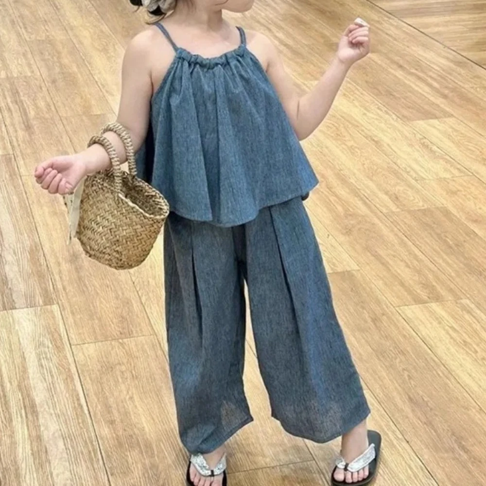 בגד קיץ פשוט לבנות ללא שרוולים עם חגורת כתף + מכנסיים 2 חתיכות סט 2-7 שנים ילדים ביתיים בגדי אופנה מרווחים