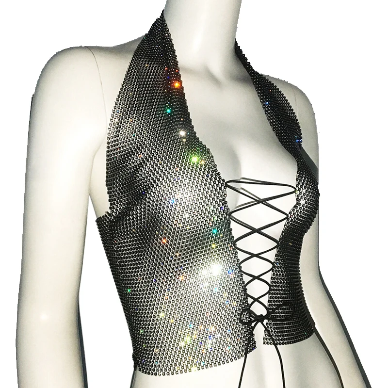 Damen Glitzer-Strass-Netz-Haltertop mit tiefem V-Ausschnitt, Schnürung vorne, transparent, für Club, Party, Strand, ärmelloses Tanktop – Detail 6