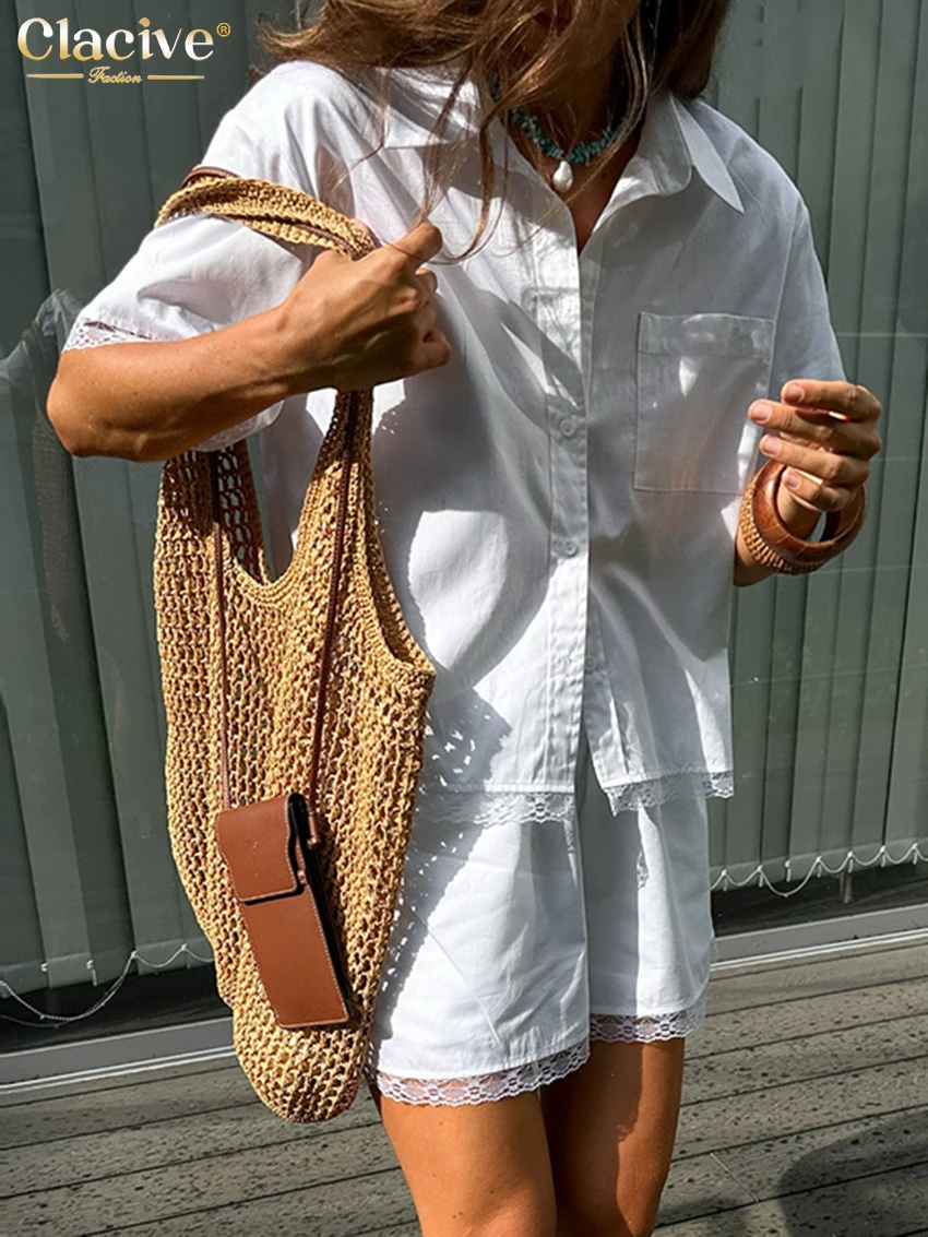 Clacive موضة فضفاضة القطن الأبيض مجموعة تي شيرتات قصيرة للأطفال 2 قطعة امرأة 2026 الصيف قميص قصير الأكمام مع ارتفاع الخصر مجموعة تي شيرتات قصيرة للأطفال الإناث