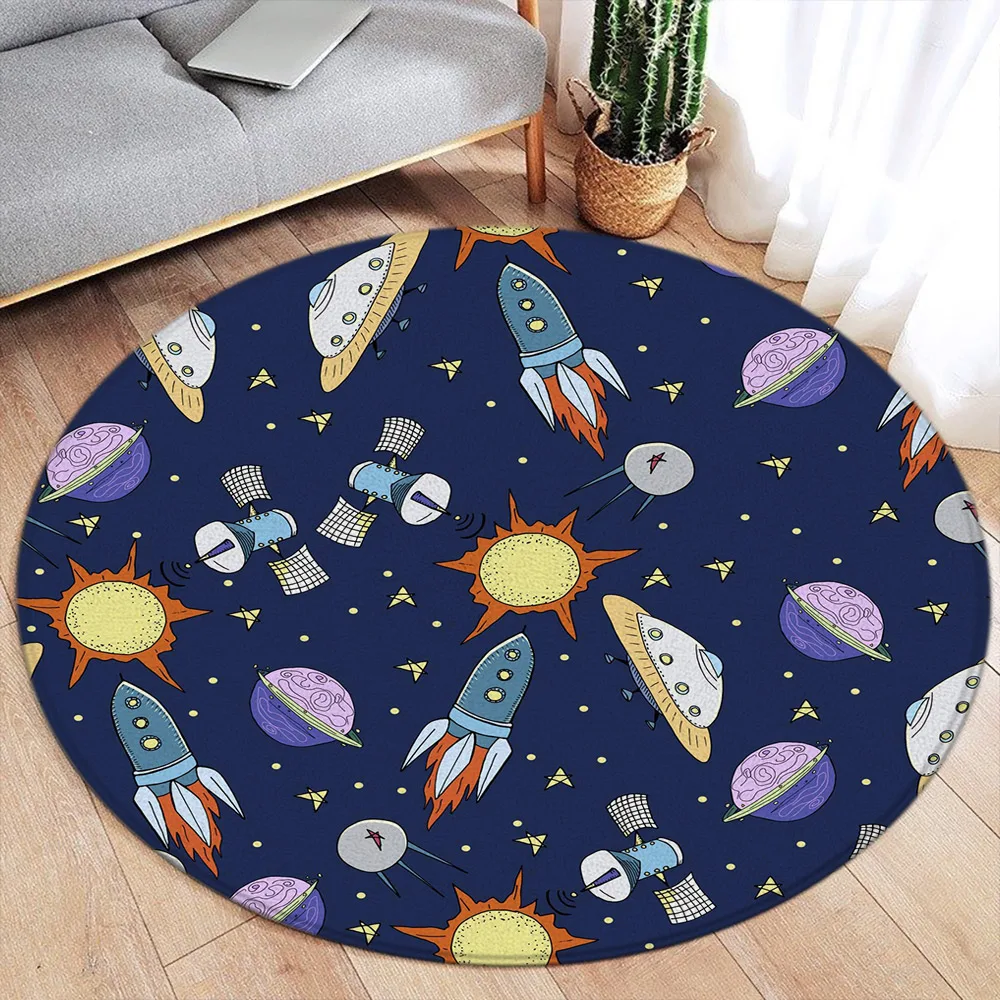 Planets Cartoon Round Carpet Universe Cosmos Cute Kid Bedroom Living Room Round Rug Home Decoration Child Round Area Rug