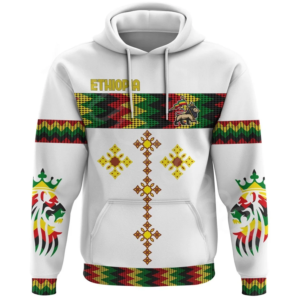 African Region Autumn Winter Men's Crew Neck Casual Sweatshirt Print Hoodie Ethiopian Rasta Circular Pattern White Pullover 2022