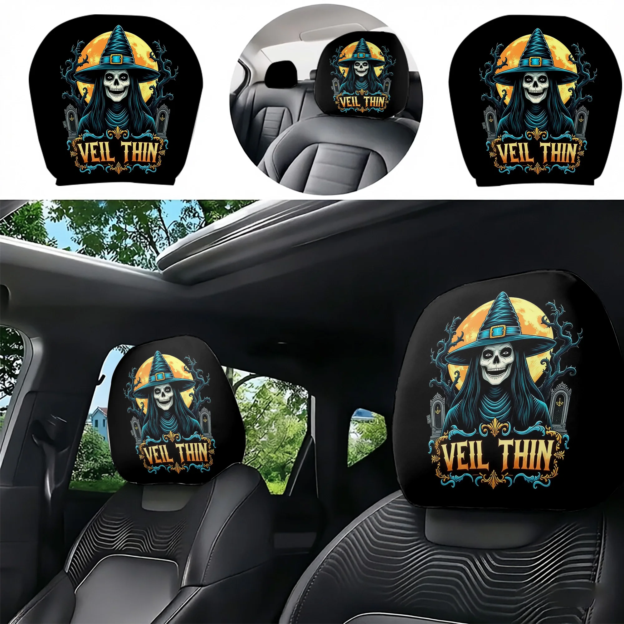 2pcs car headrest covers featuring a spooky witch and skull design, adding a gothic flair to your car’s interior. Does not inclu