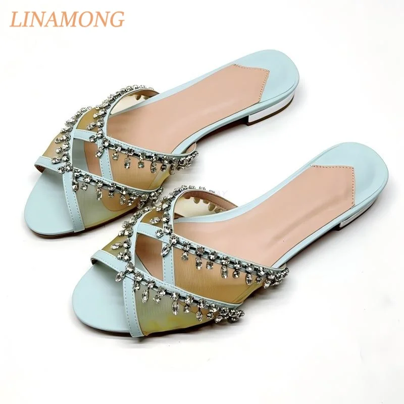 Women Flat Slide Sandals Crisscross Mesh Upper Sparkling Rhinestone Open Toe Slip On Low Flat Heel Summer Daily Casual Shoes