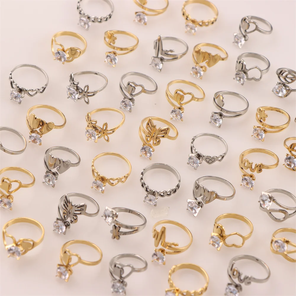10/20/50Pcs/Lot Fashion Classic Zircon Hollow Stainless Steel Ring Women Mixed Style Wedding Engagement Jewelry Party Gifts