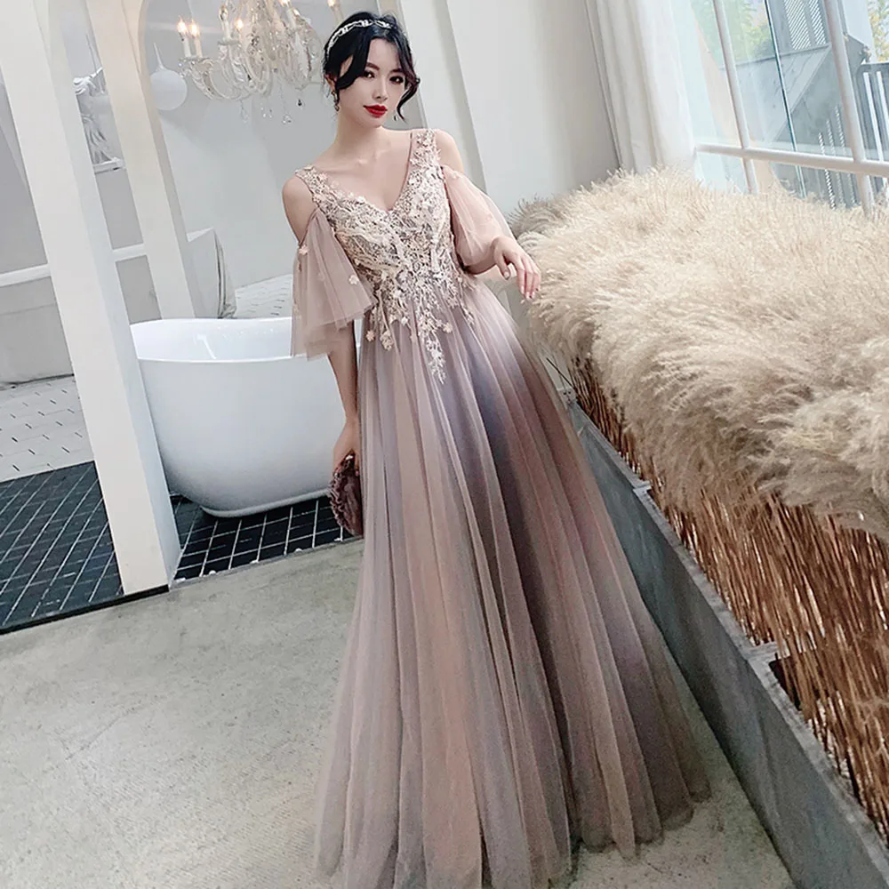 4 Styles Light Pink Purple Bridesmaid Dress Women's Elegant Classical Tulle Off The Shoulder Gown Ruffles Sleeves A-line Vestido