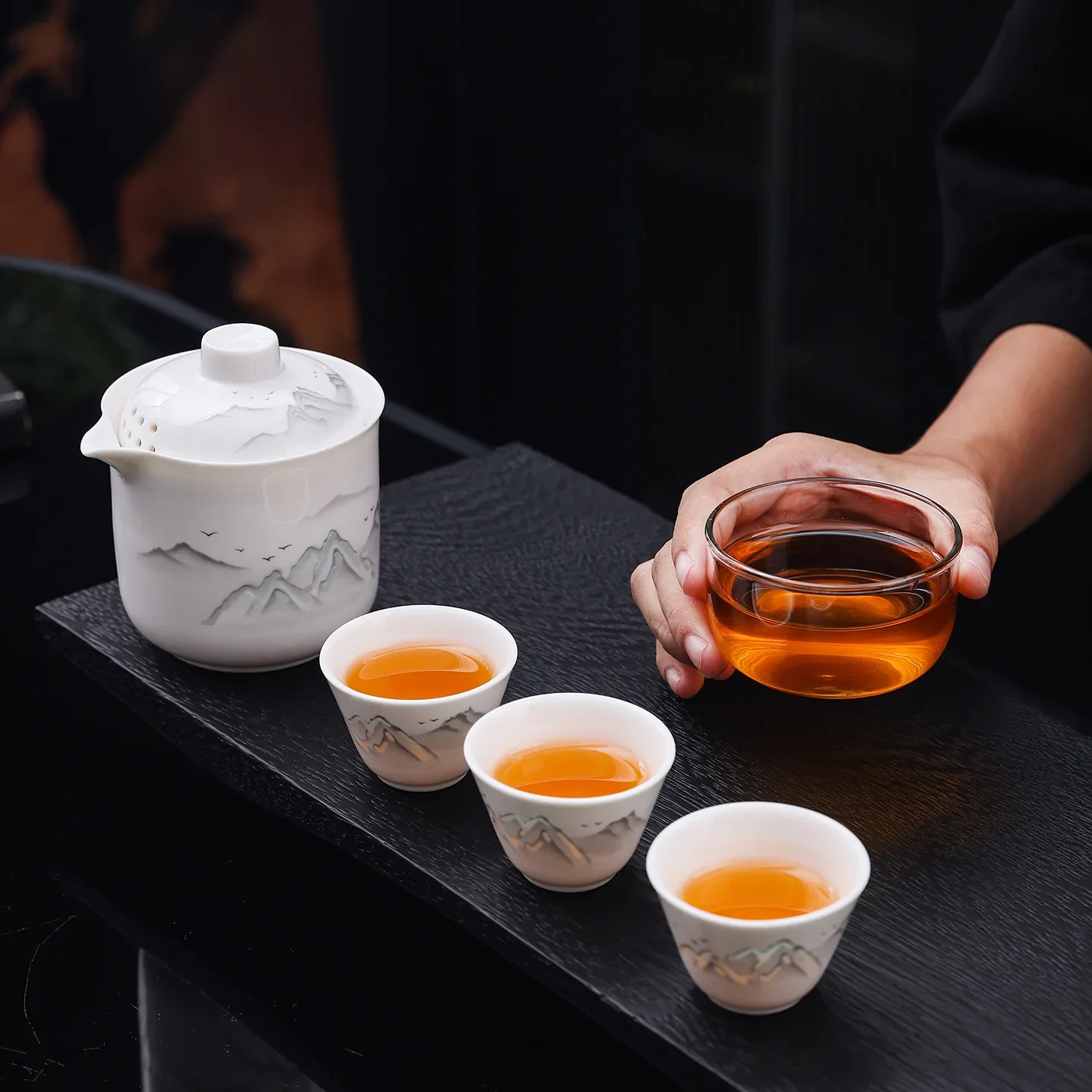 Pink Tea Ceremony Set Luxury Camping Gift Suet-fat Jade White Porcelain Travel Tea Set with One Pot and Three Cups and Gift Box
