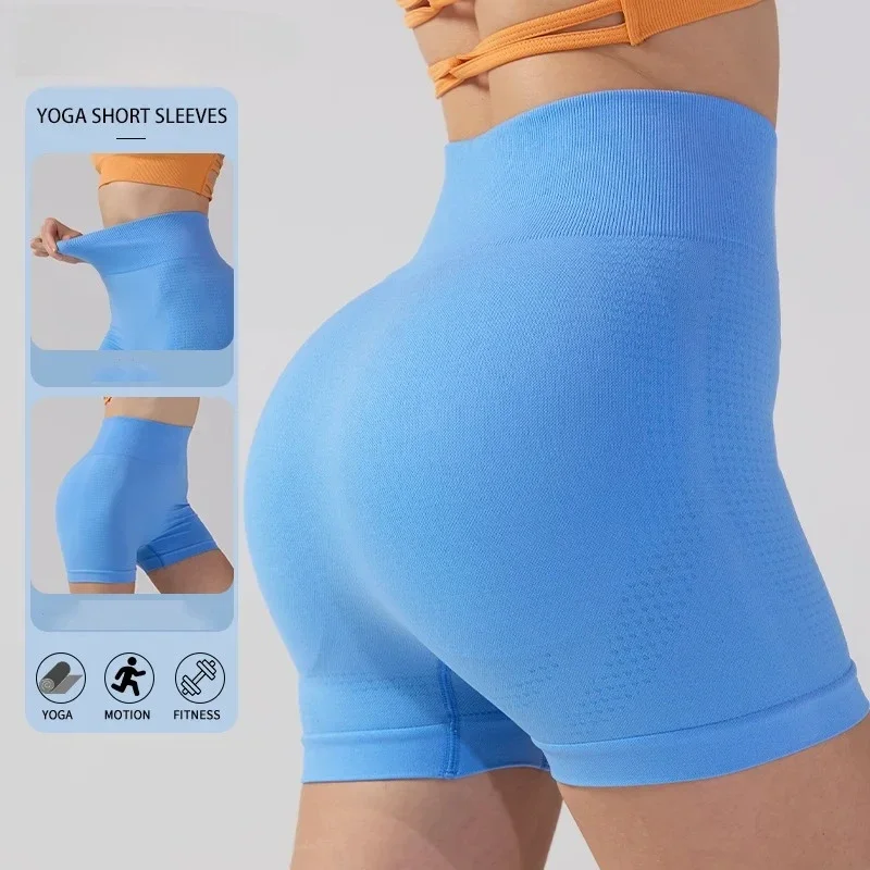 여성 복숭아 엉덩이 피트니스 반바지 리프트 엉덩이 꽉 바지 하이 웨이스트 트레이닝 요가 반바지 사이클링 스포츠 통기성 3 점 반바지