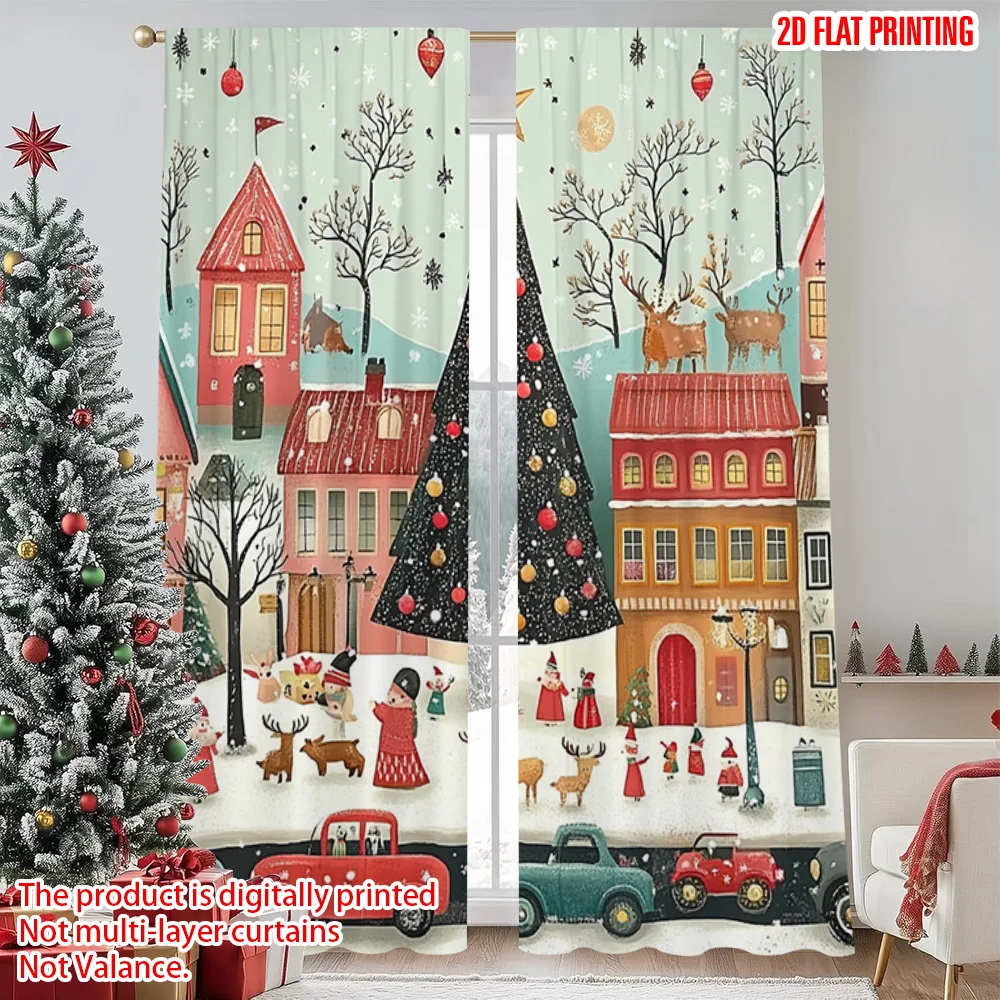 

2pcs 2D flat printing Merry Christmas Party Curtains Santa Claus Snow Scenery Versatile Polyester Fabric Without Electricity