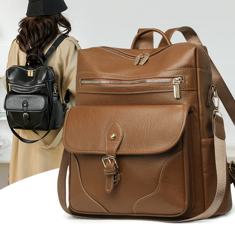 

Women Vintage PU Leather Backpack Large Capacity Casual Travel Rucksack, Fashion Simple Durable Daypack for School Work Outdoor