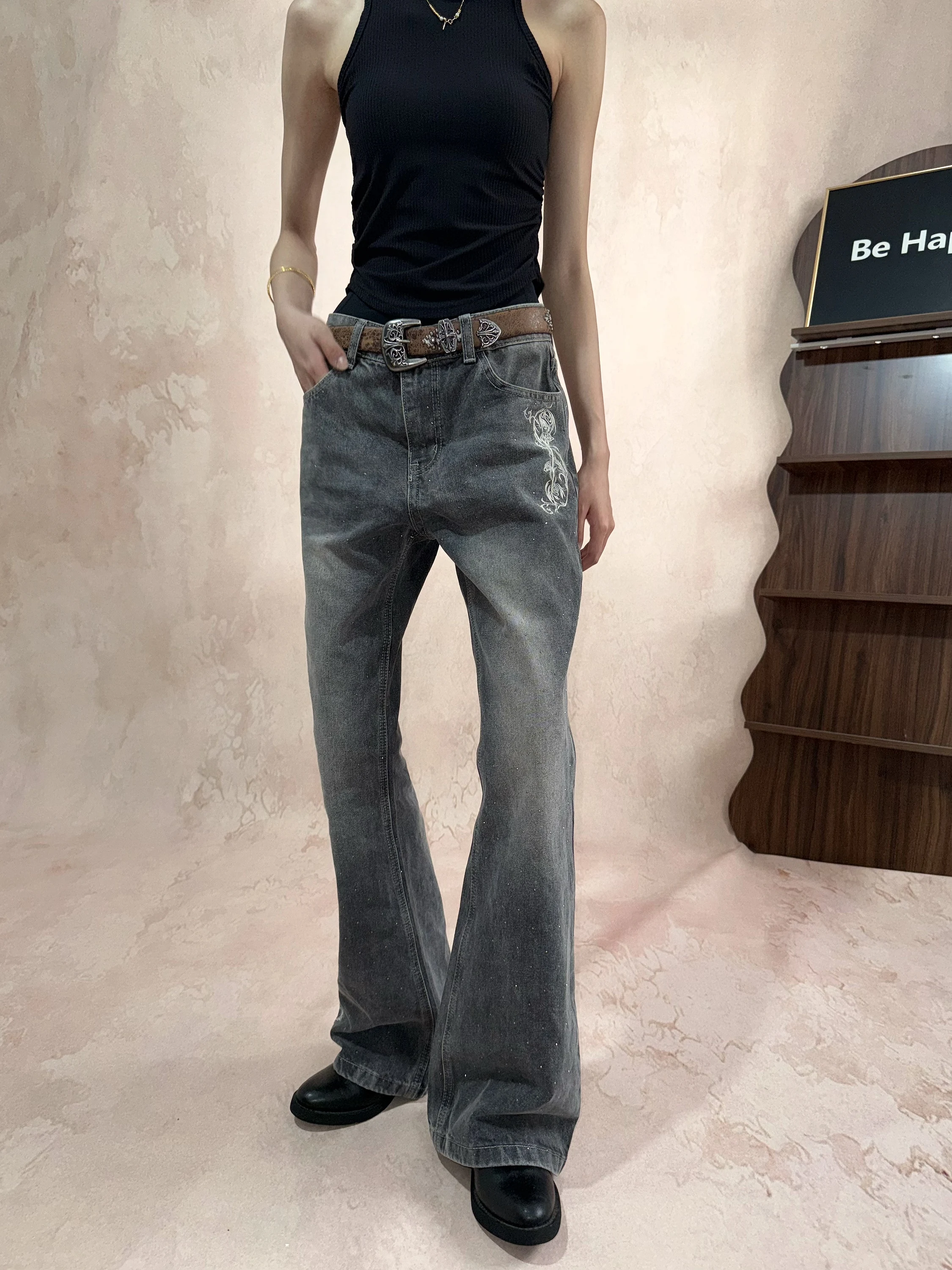 Retro Washed American High Street Rose Embroidery Rhinestone Heavy Duty Straight Leg Micro Flared Slimming High Rise Jeans Men
