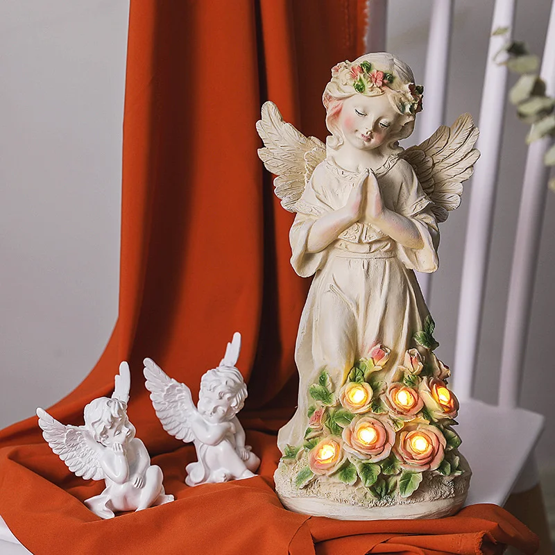 Garden Large Statue Solar Energy Angel Sculpture Praying Girl Figurine Lamp Yard Balcony Vintage Ornament Home Decor
