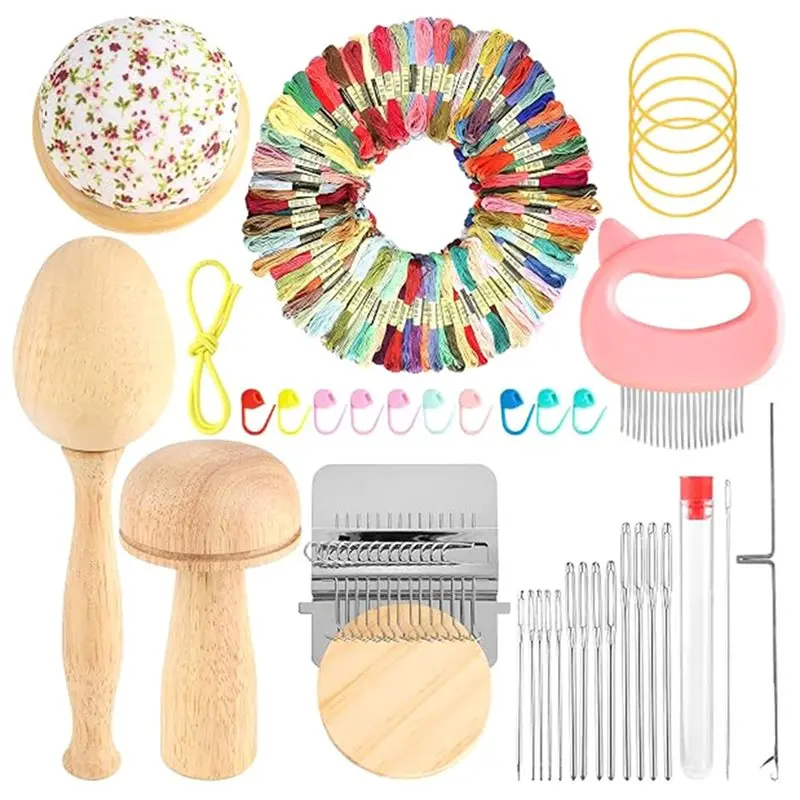 Premium Knit Patch Mending Kit - 14-Hook Darning Looms With Darning Mushroom & Darning Egg, 100 Colors Embroidery Floss