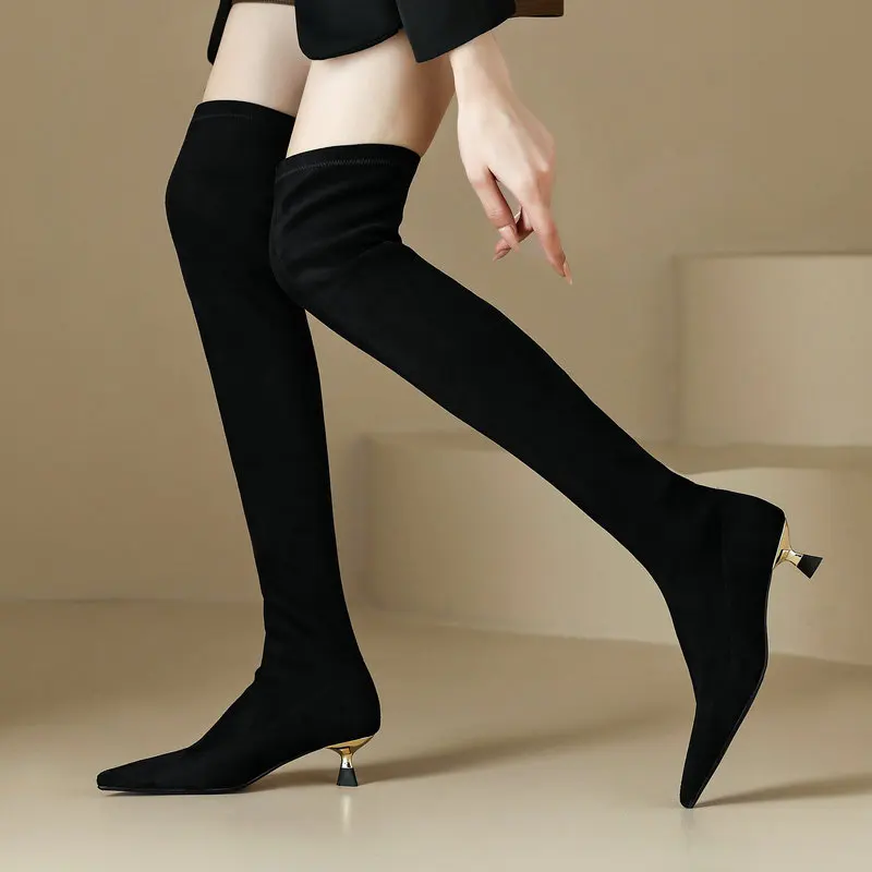 

Sexy Women Over The Knee High Boots Pointed Toe Med Heels Autumn Winter Shoes Woman Suede Leather Slim Long Stretch Boots