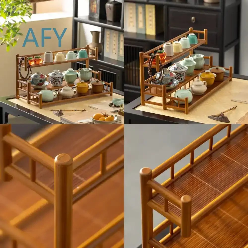 Teacup Rack for Chinese Style Small Curio Cabinet Tea Set Teapot Storage Stand Desktop Decor Vintage Display Shelf Organizer