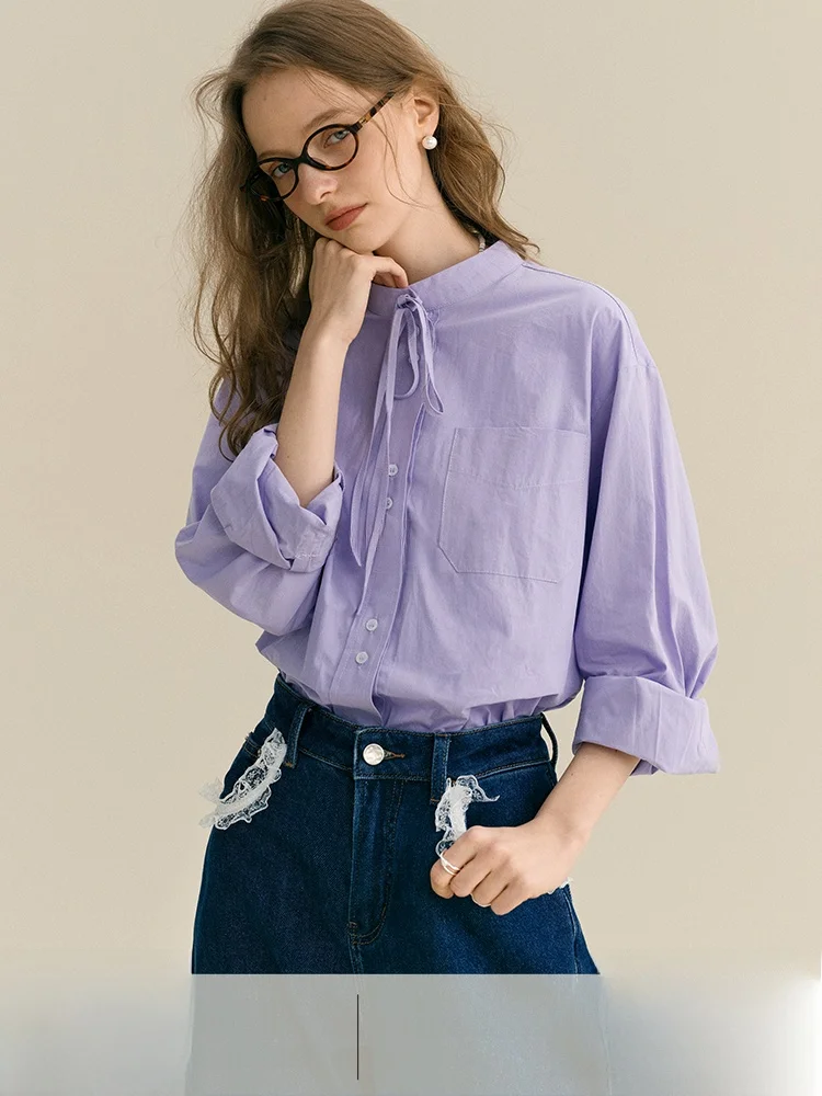 

Женская блузка Rina Berry с круглым вырезом и завязками, в двух цветах, с маленьким воротником-стойкой, весенняя, нежный дизайн, хлопковая, с длинными рукавами