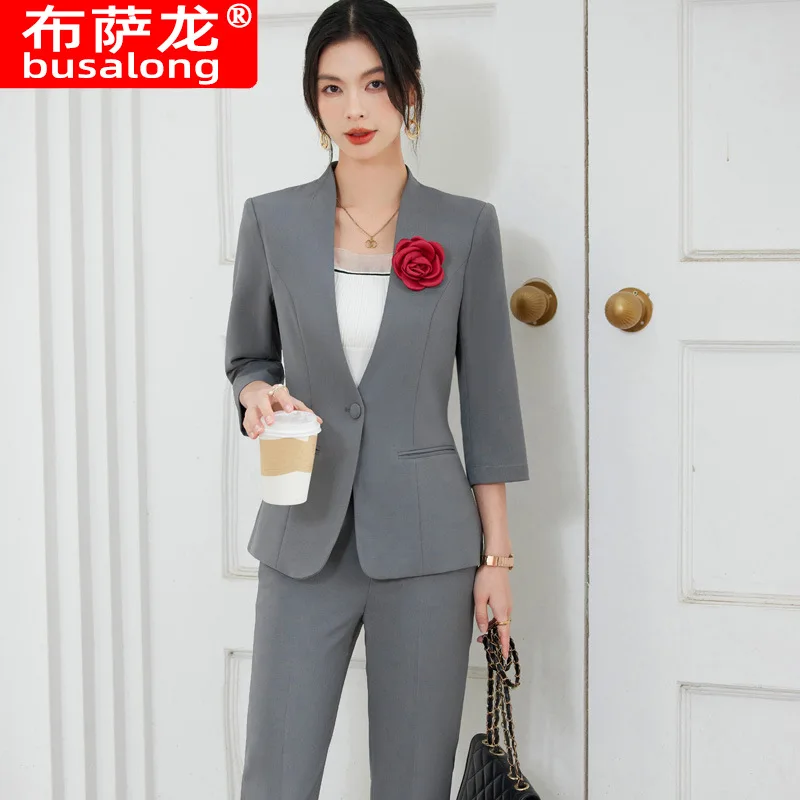 

Half Sleeve Collarless Suit Business Suit WomenVCollar Spring Suit Three-Quarter Sleeve Coat Formal Wear Beautician Work Clothes