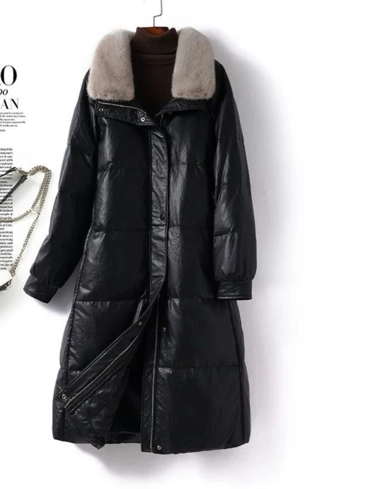 Long style leather down jacket women winter new high-end temperament mink fur collar slimming and elegant versatile jacket