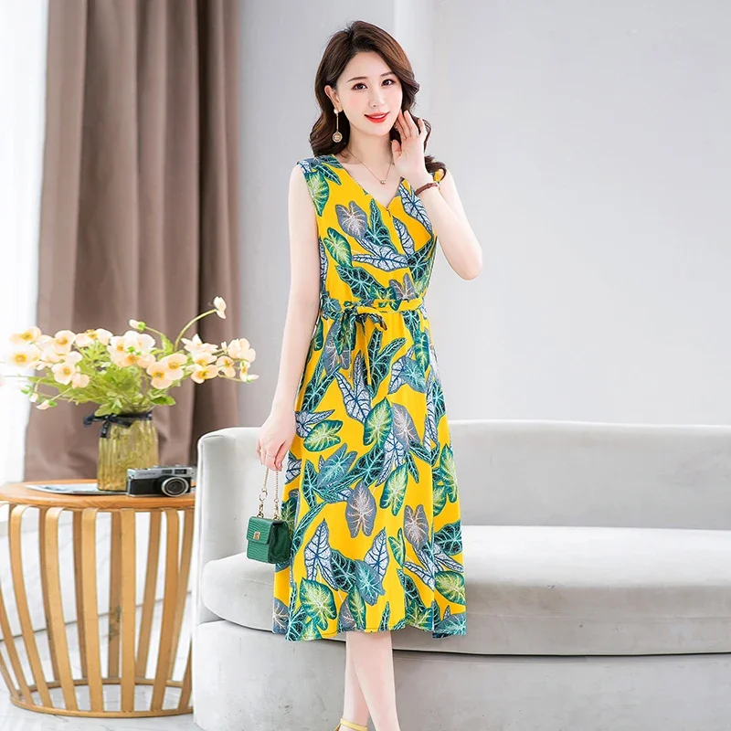 

New Hot Summer Casual Female Elegant Dresses for Women 2023 Print Knee-length V-neck Floral Dress Women Clothing B133