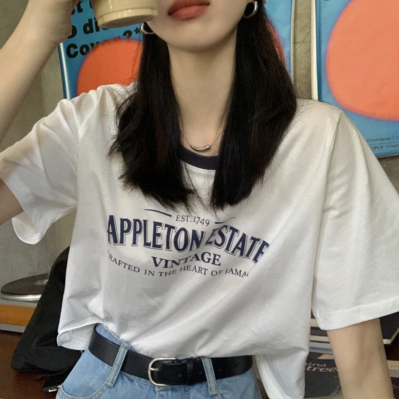 American Retro Letter Printed Short Sleeve T-Shirts Women 2025 Summer Fashion Clash Color O-Neck Tops Casual A-Match Loose Tees