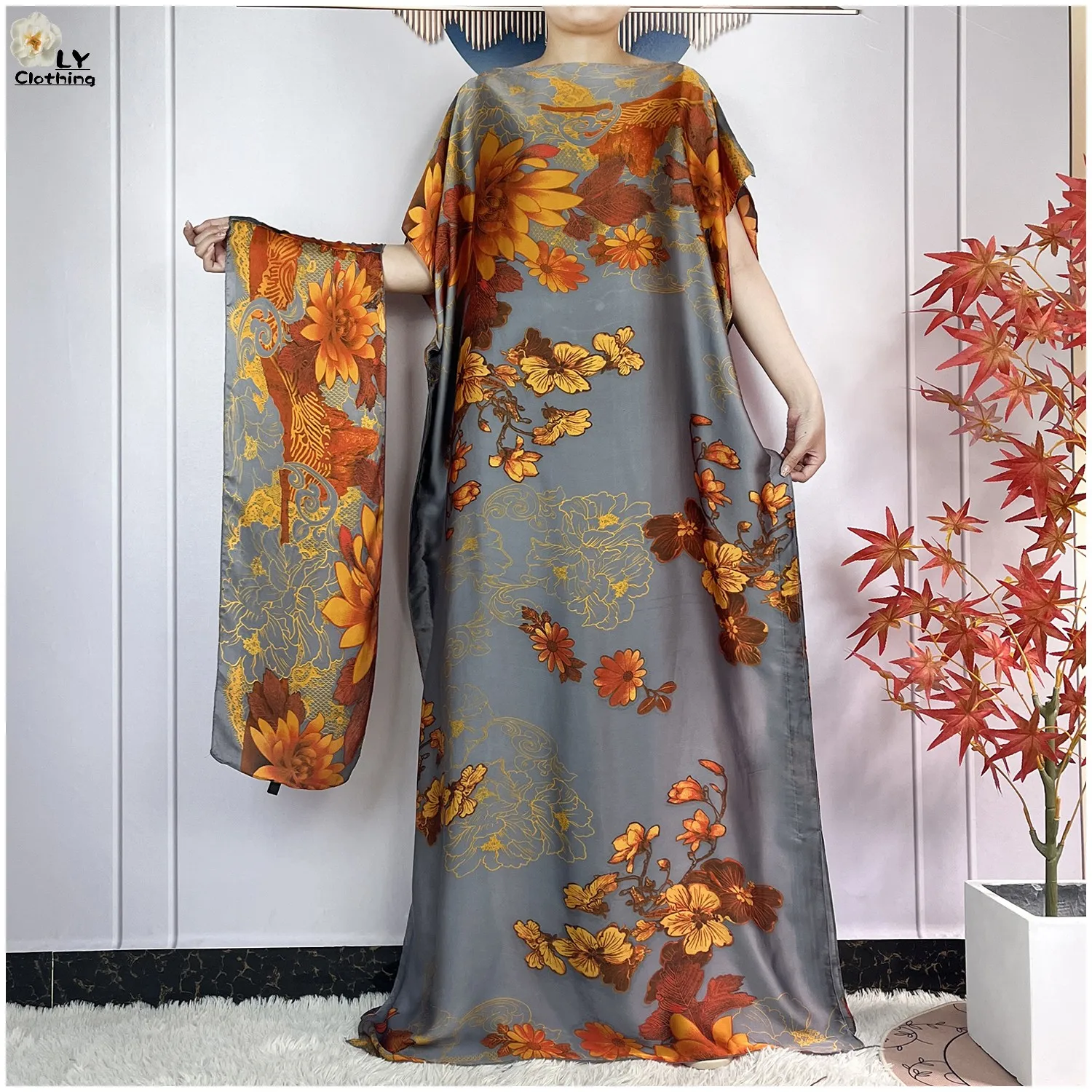 2024 Women Abayas Printed Silk Soft Loose Femme Robe African Muslim Summer Fashion Short Sleeve Islam Woman Dresses With Turban