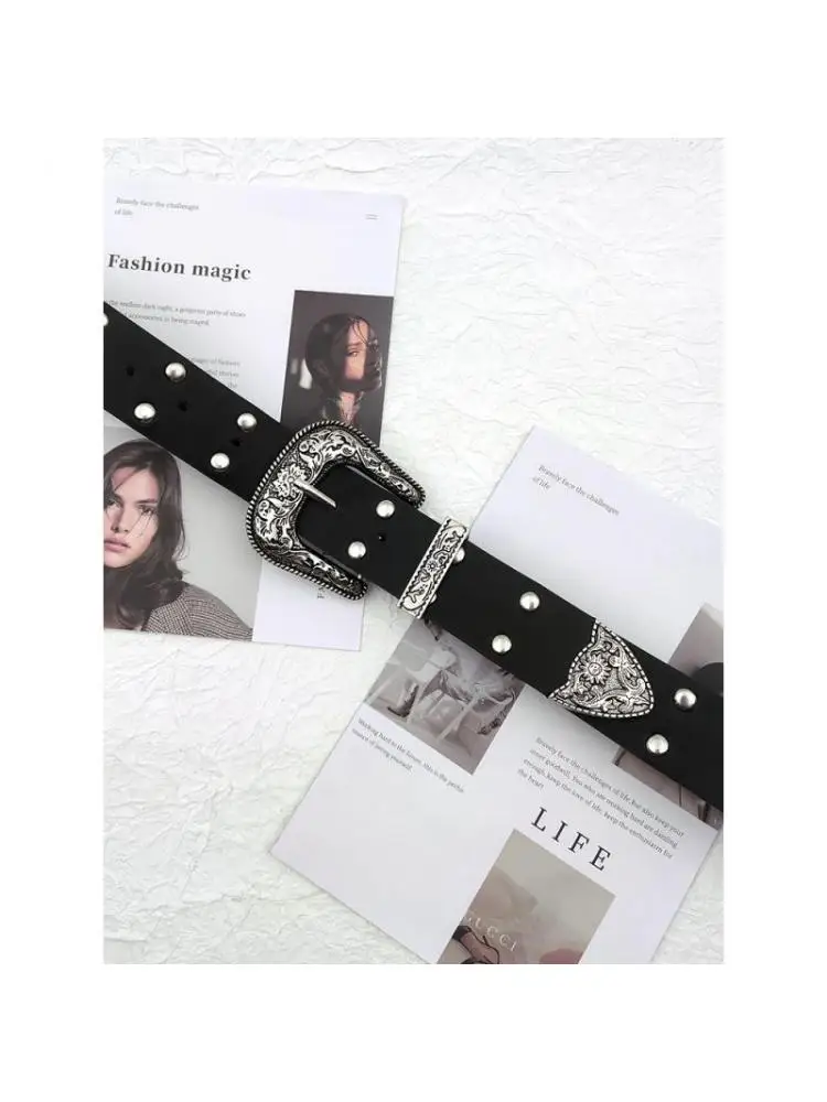 Girl Belt Rivet Metal Buckle Women Millennium Style Retro Heavy Industry Punk Black New Design Luxury Korean 105cm