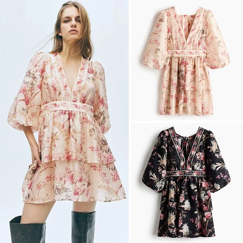 

Ele Vaion Sle Floral Wrap Waist V-Ne Dr New Arrival Spring ZA2026 Women's Faionable Charming Gown