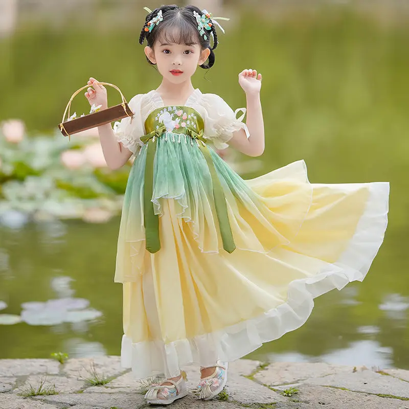 Summer Hanfu Girls' Ancient Chinese Princess Embroidered Dress Set