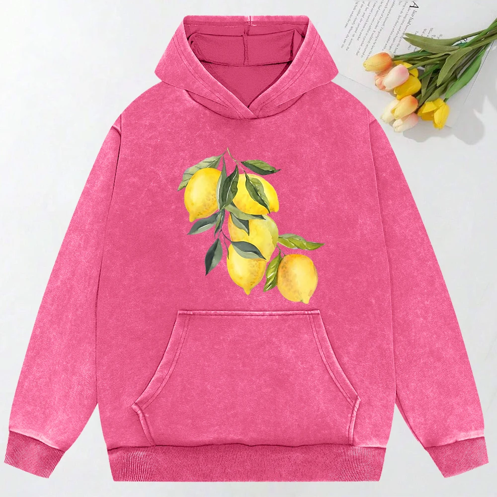 Creative Lemon  Printing Washed Streetwear Hip Hop Fashion Hoody All-Match Loose Pullover Y2K Oversized Cotton Clotheing