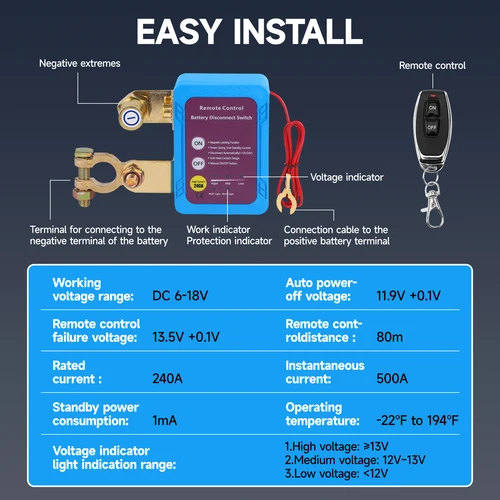 Imagen 2 del producto Interruptor de desconexión remota de batería de 240A y 12V con interruptor de apagado automático antirrobo para coche camión RV 1 Juego