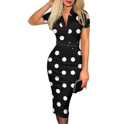 Women Lapel V Neck Polka Dot Bodycon Midi Dress Long Sleeve Belted Waist Slim Formal Party Pencil Dress