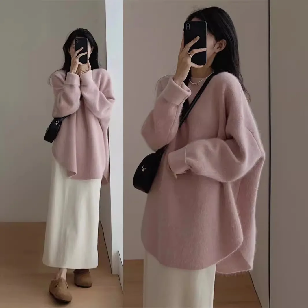 TRAFZA Winter Women Burgundy Long Sleeve Pullovers Casual O-neck Loose Fluffy Fuzzy Jumper Sweater Female Fashion Knitted Tops