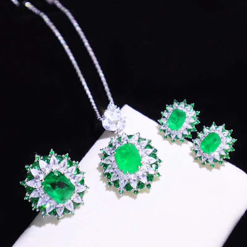 S925 Sterling Silver Jewelry Set Featuring Emerald Inlaid Ring Sapphire Colored Treasure Pendant And Micro set Opening Earrings