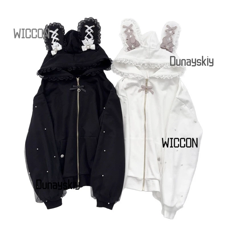 Jirai Kei Japanese Bunny Hoodie Y2K Rabbit Ear Cosplay Costumes Lolita Jacket Bow Pearl JK Lace Kawaii Zipper Cardigan Top view 5