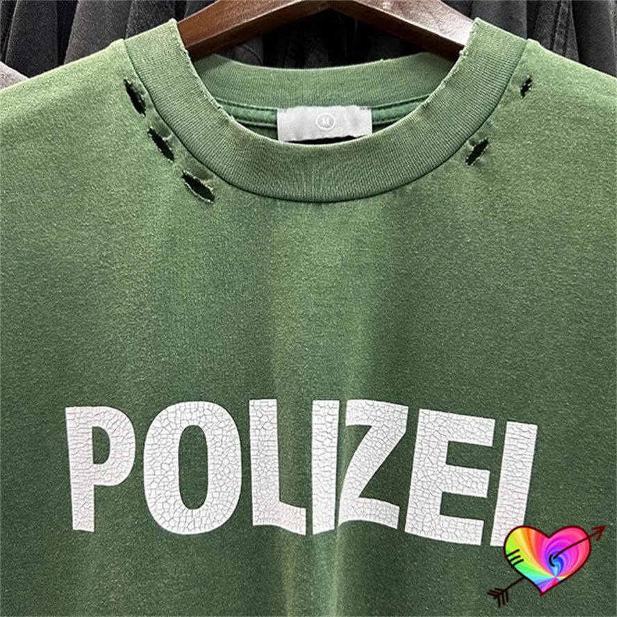 2024 Vintage Green POLIZEI T-shirt Men Women Double POLIZEI Logo Tee Break Details Tops Oversize Wash Short Sleeve