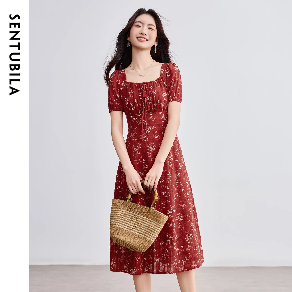 SENTUBILA Women's Chiffon Print Dress Summer Red Vacation Dresses 2026 Elegant Collection Lantern Sleeve Woman Outfits Q52LF2179