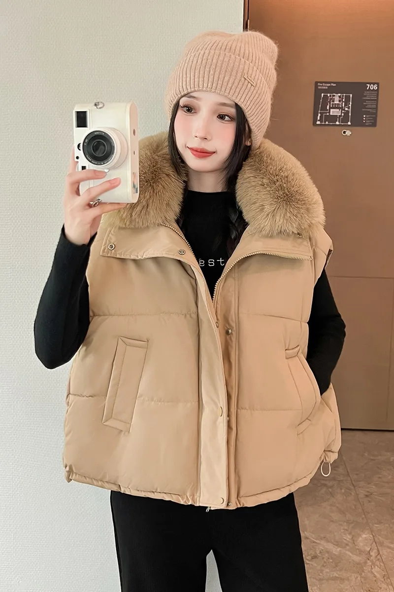 Ciepła kamizelka bawełniana z dużym kołnierzem ze sztucznego futra, moda high street, gruba kurtka bez rękawów dla kobiet, płaszcz z klapami i sznurkiem, chaquetas
