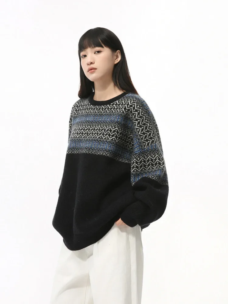 [OIMG] Autumn New Product Korean Color Contrast Splicing Round Neck Gentle Temperament Knitted Sweater