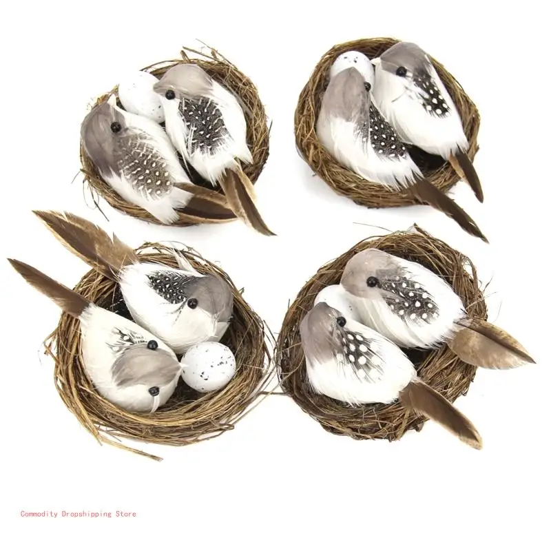 Artificial Birds and Bird Nest and Bird Egg Set Miniature Ornament