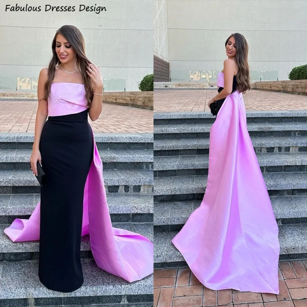 

Lavender And Black Evening Dress Long Mermaid Strapless Boat Neck Prom Dresses Sweep Train Backless Wedding Guest Gown