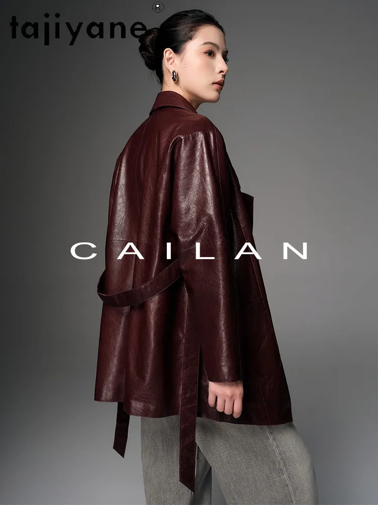 TAJIYANE Giacca in Vera Pelle di Capra Cerata a Olio, Lunghezza Media, Cappotto alla Moda con Cintura, Abbigliamento Autunno 2025, Дубленка