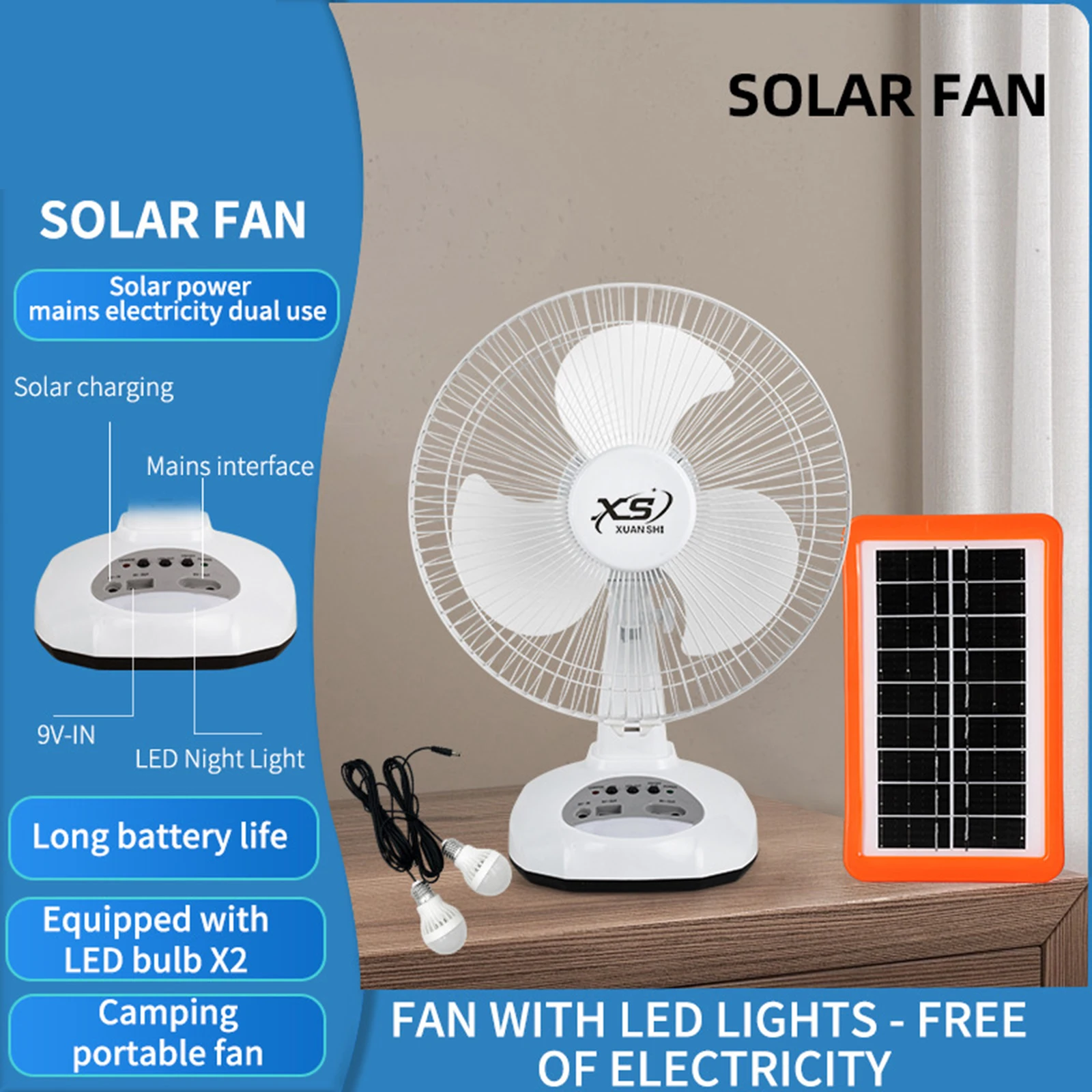 

Solar Powered Fan Portable Solar Desktop Fan Multipurpose Desktop Bedside Fan Rechargeable for Camping Home Outdoor Office