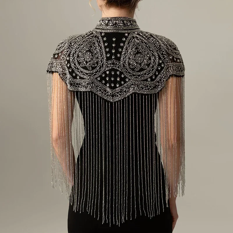 

Heavy Beaded Evening Shawl with Long Tassels Handmade Wrap for Banquet Party Dress Retro Cape Accessory