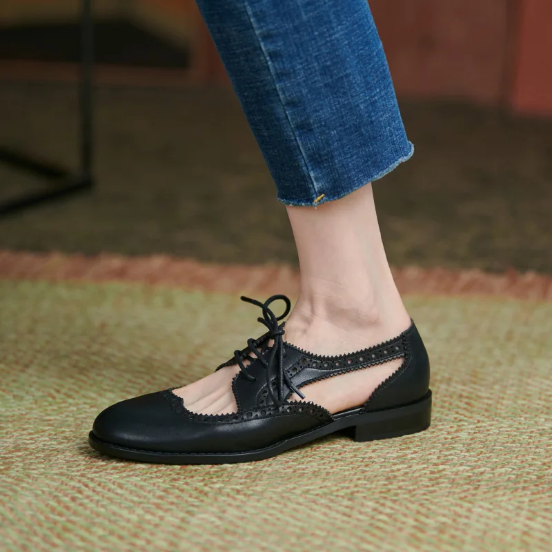 

Women's Handmade Genuine Leather Brogue Oxford Flats - Low Cut Round Toe Cutout Lace Up Classic Casual Shoes
